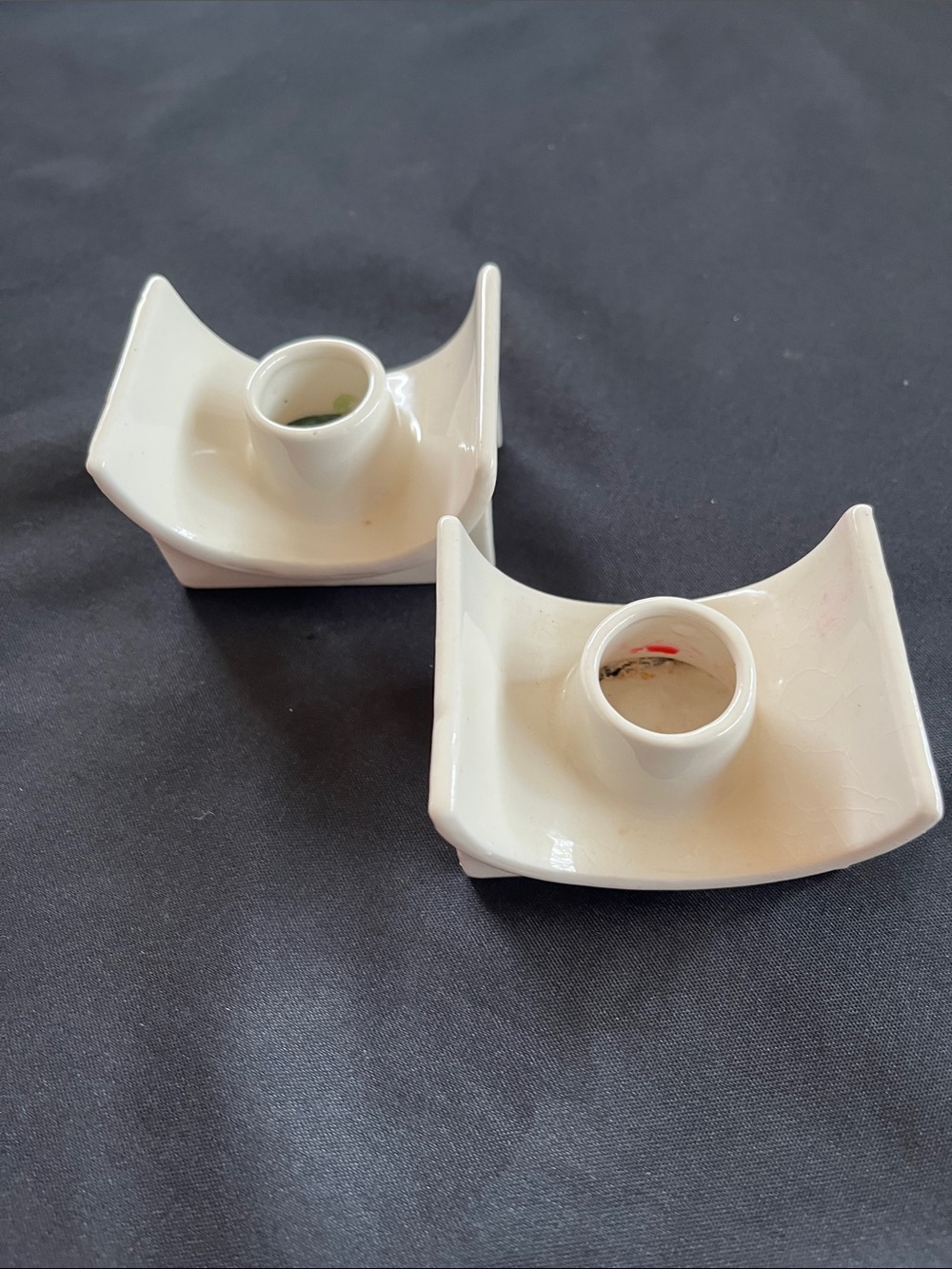 2 Vtg Ceramic Curved Mod Candle Candlestick Holders Made Japan MCM Deco Style